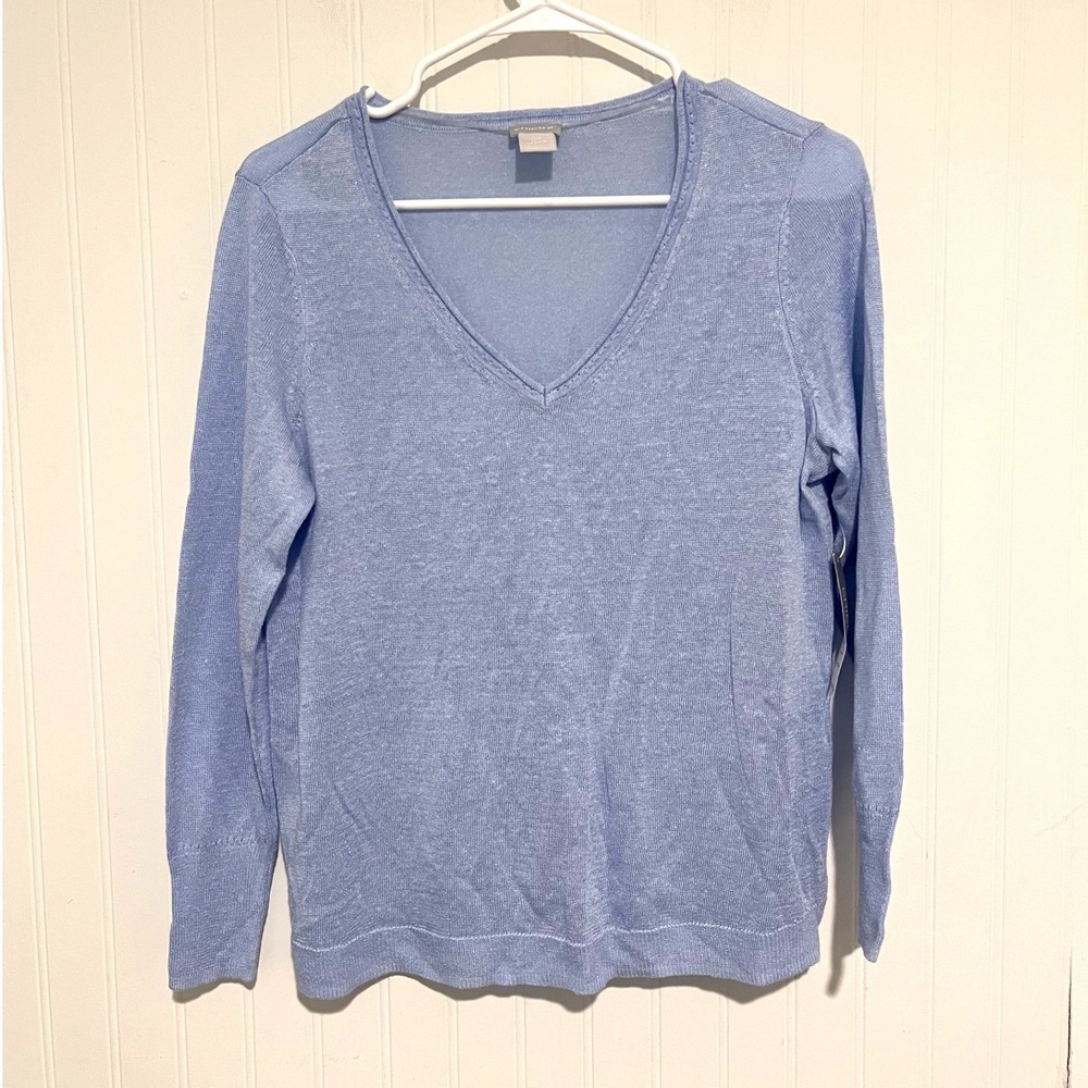Chico's Pullover Sweater Womens 0P Blue NWT Linen Blend V-Neck Lightweight